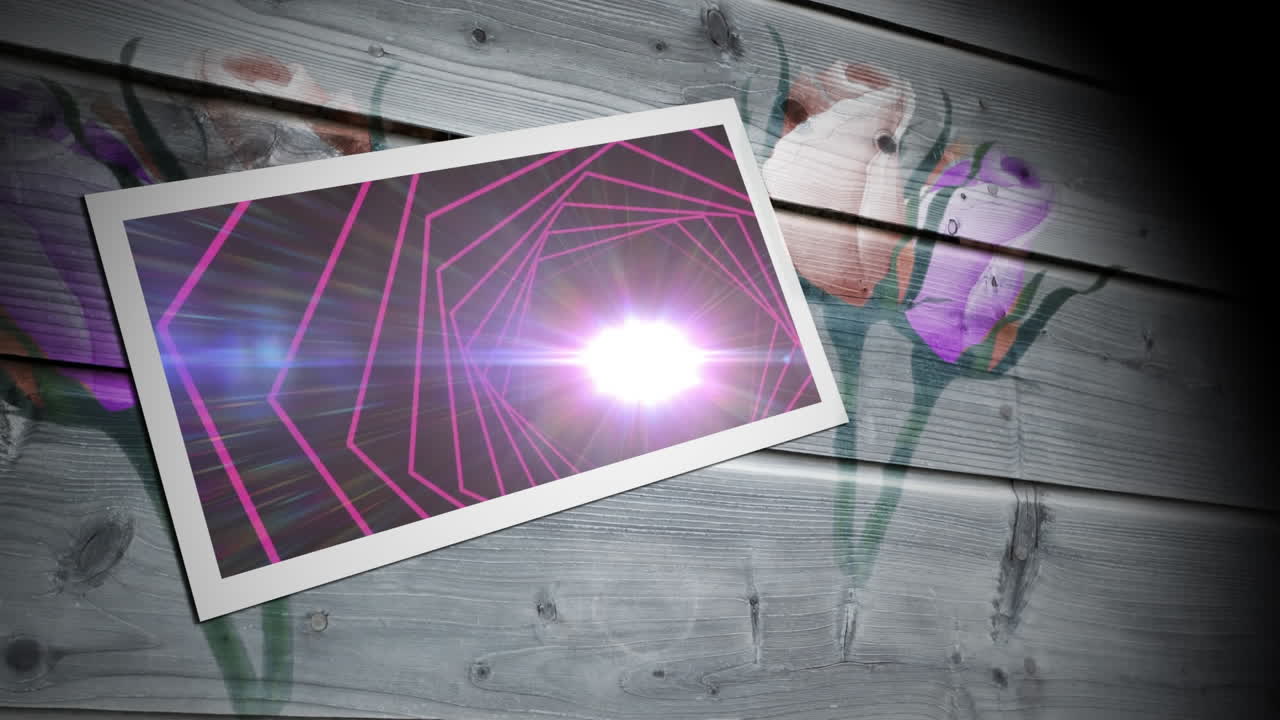 animación de puntos de luz y formas hexagonales en la foto contra el diseño floral en superficie de madera.