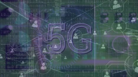 Animación-De-Texto-5g-Y-Círculos-Sobre-íconos-Conectados-Contra-La-Vista-Aérea-De-La-Placa-Base