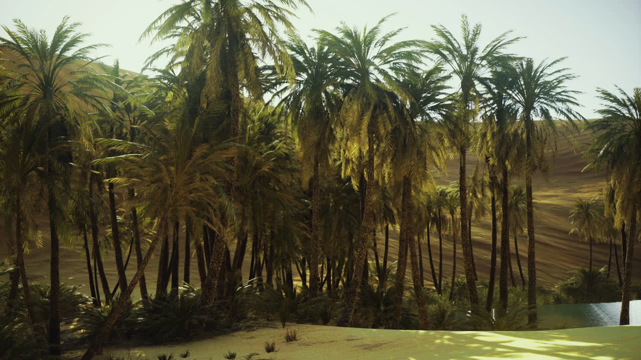 Lush palm trees beside a serene oasis in a desert landscape