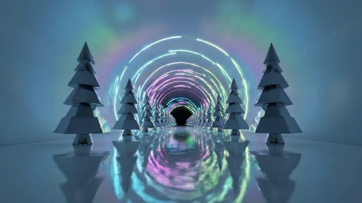 Neon Tunnel of Silver Christmas Trees