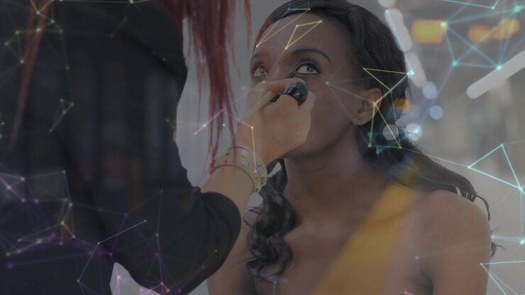 Animation of network of connections over african american woman in beauty salon