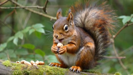 red squirrel holding nut on mossy branch