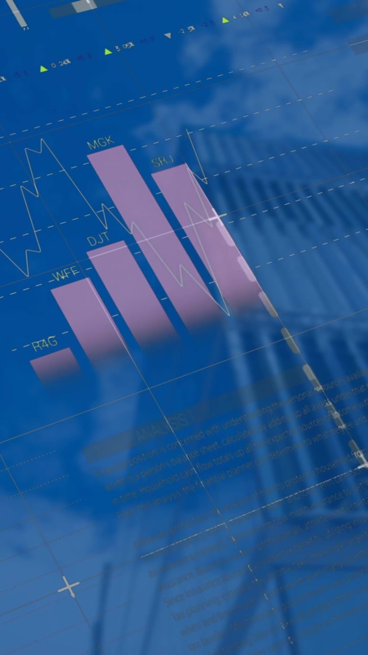 Animazione di elaborazione dati statistici su vista dal basso di grattacielo