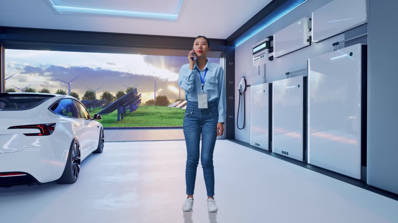 Full Body Of Asian Female With Home Energy Storage System In a Modern Garage, She Is Speaking With Someone In The Phone