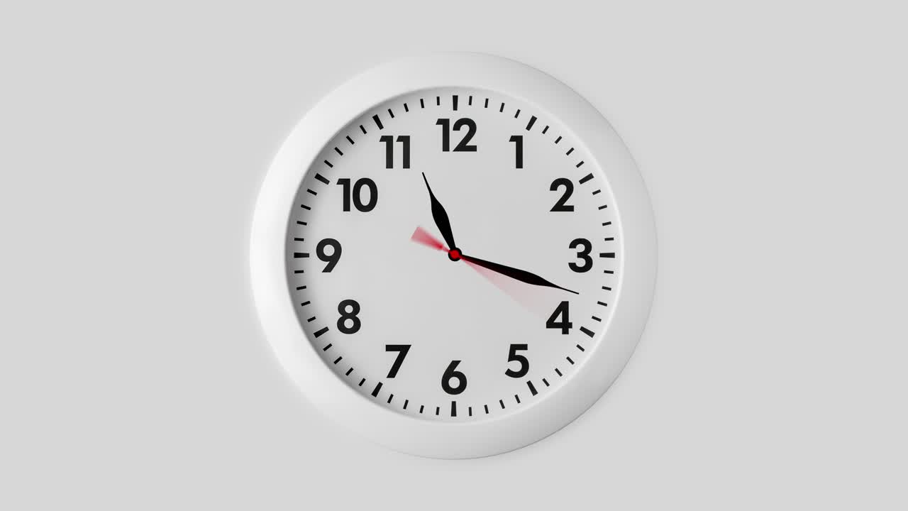 reloj de pared redondo blanco con flechas animadas caminando rápido en el sentido de las agujas del reloj de las once a las doce horas. última hora antes de la medianoche o la víspera de navidad