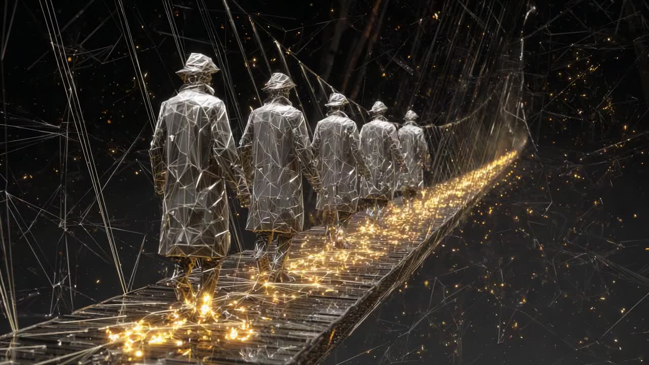 Abstract Figures Walking on a Golden Bridge