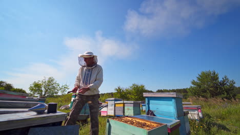 apiculture process. apiarist works with chimney over wooden beehive. beekeeper in protective hat is looking after bees on summer nature background.