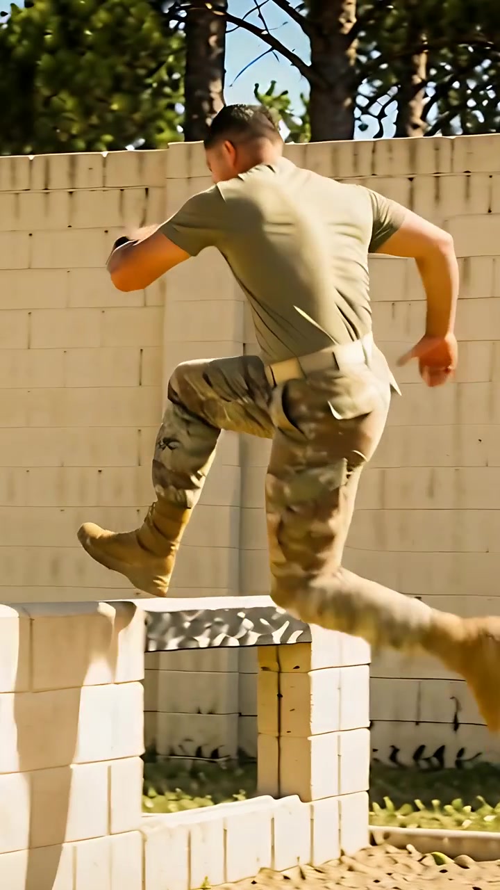 Vertical video: Arriving at low block, soldier vaulting during training in olive shirt, belt, watch