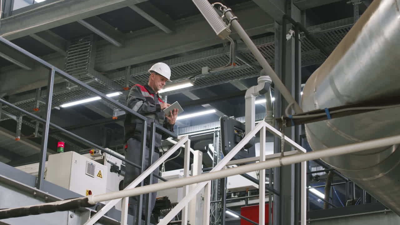 um empreiteiro sério com um tablet digital.