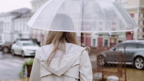 Seltene-Ansicht-Einer-Frau,-Die-Mit-Einem-Transparenten-Regenschirm-An-Einem-Regnerischen-Tag-Durch-Die-Stadt-Geht