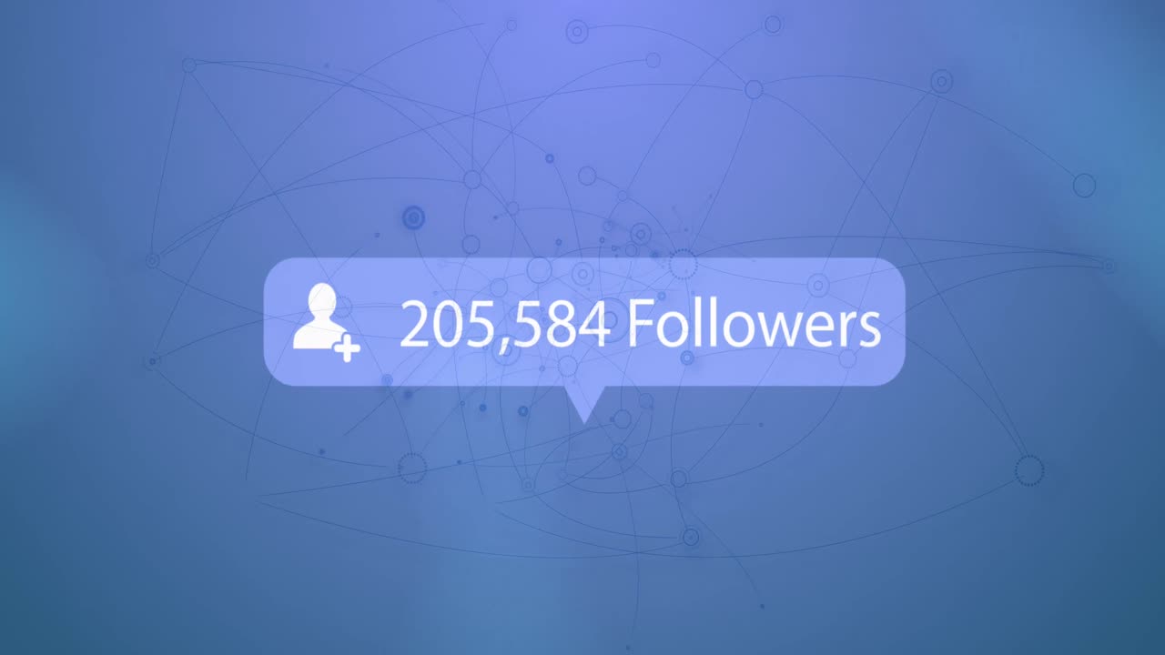 Animation of number of followers increasing over connecting the dots against blue background