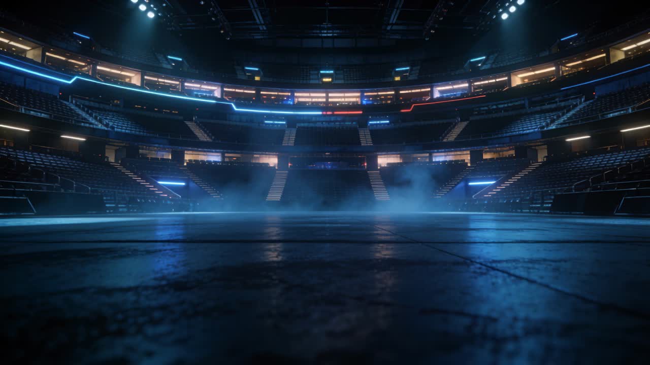 Spredende tåge fra tågemaskiner dækker tomt arena-gulv, fremhæver LED-strips og spotlights