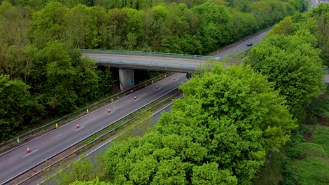 vibrant drone shot of green trees running along side the a2 dual carriage way in canterbury