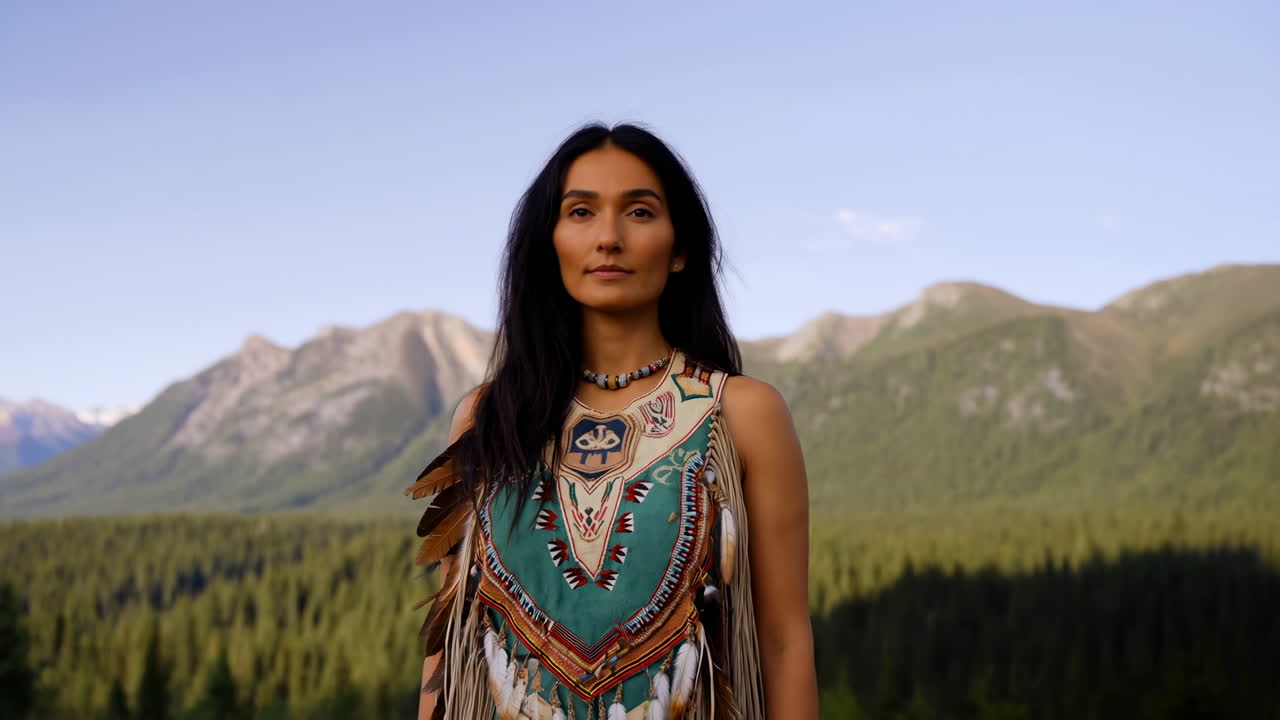 Indigene Frau in traditioneller Kleidung vor Berglandschaft.