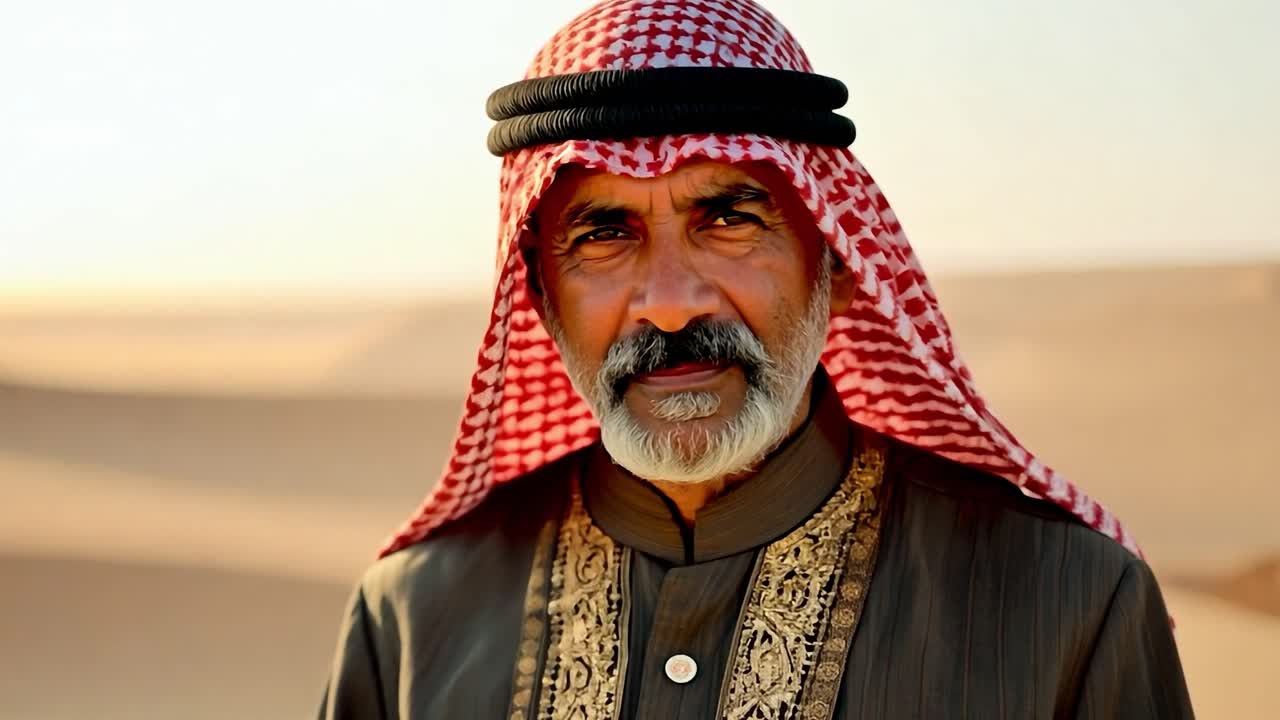 Portrait of a smiling Arab man in traditional clothing in the desert