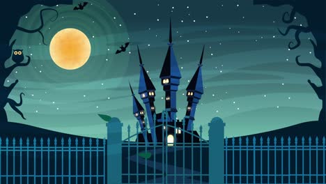feliz halloween escena animada con el castillo en el cementerio