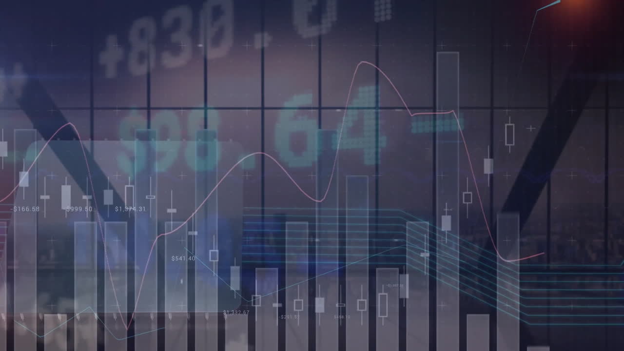 animación de múltiples gráficos y signos monetarios con números contra ventanas y edificios