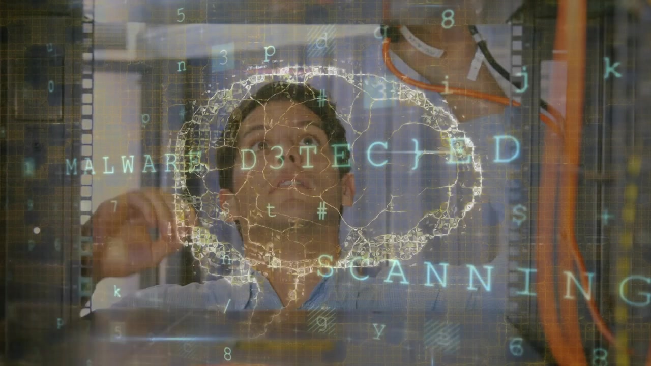 Animation of brain with changing text and numbers over technician examining cables in data center