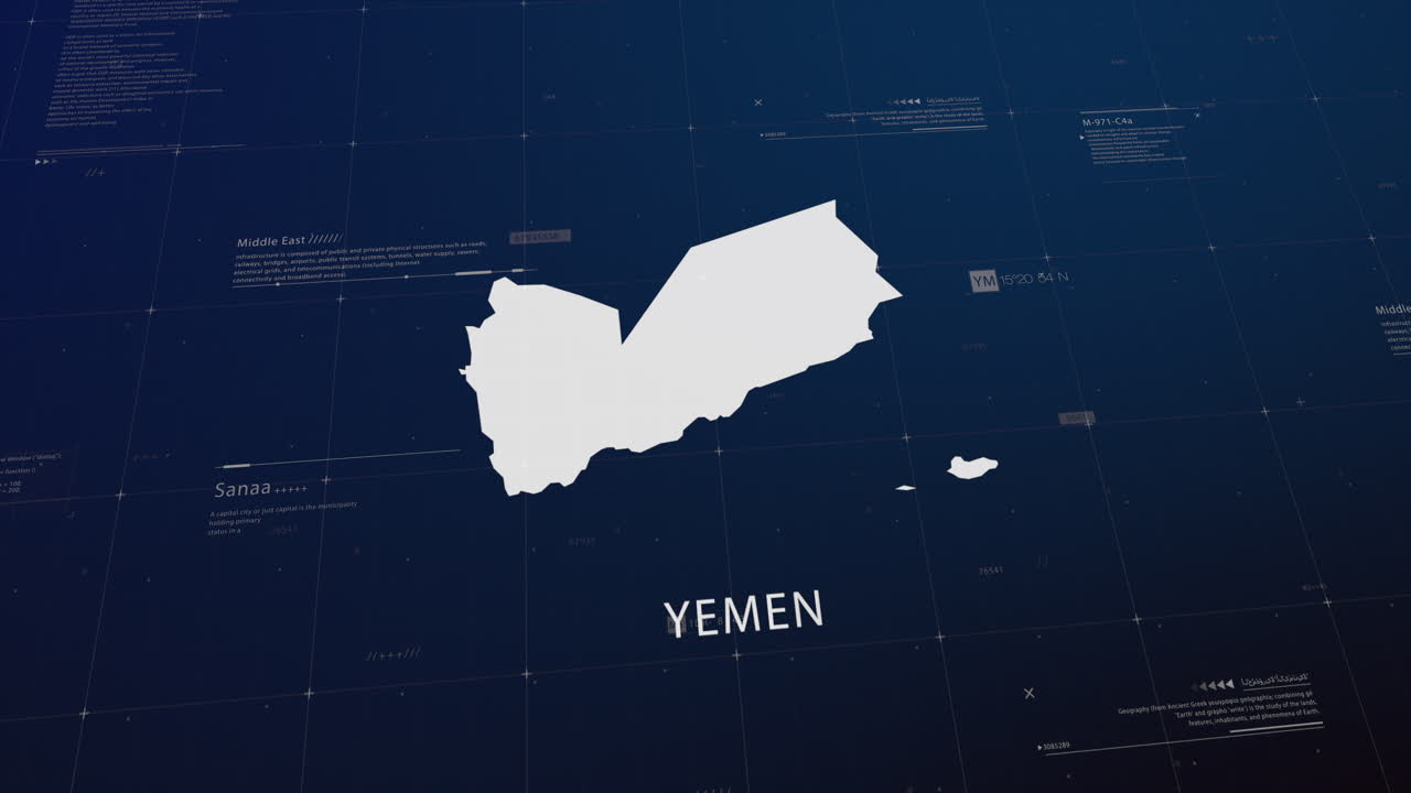 Yemen country map comes to life with cinematic panning, unveiling key details, the capital, and slogan, providing an engaging background for corporate and commercial use