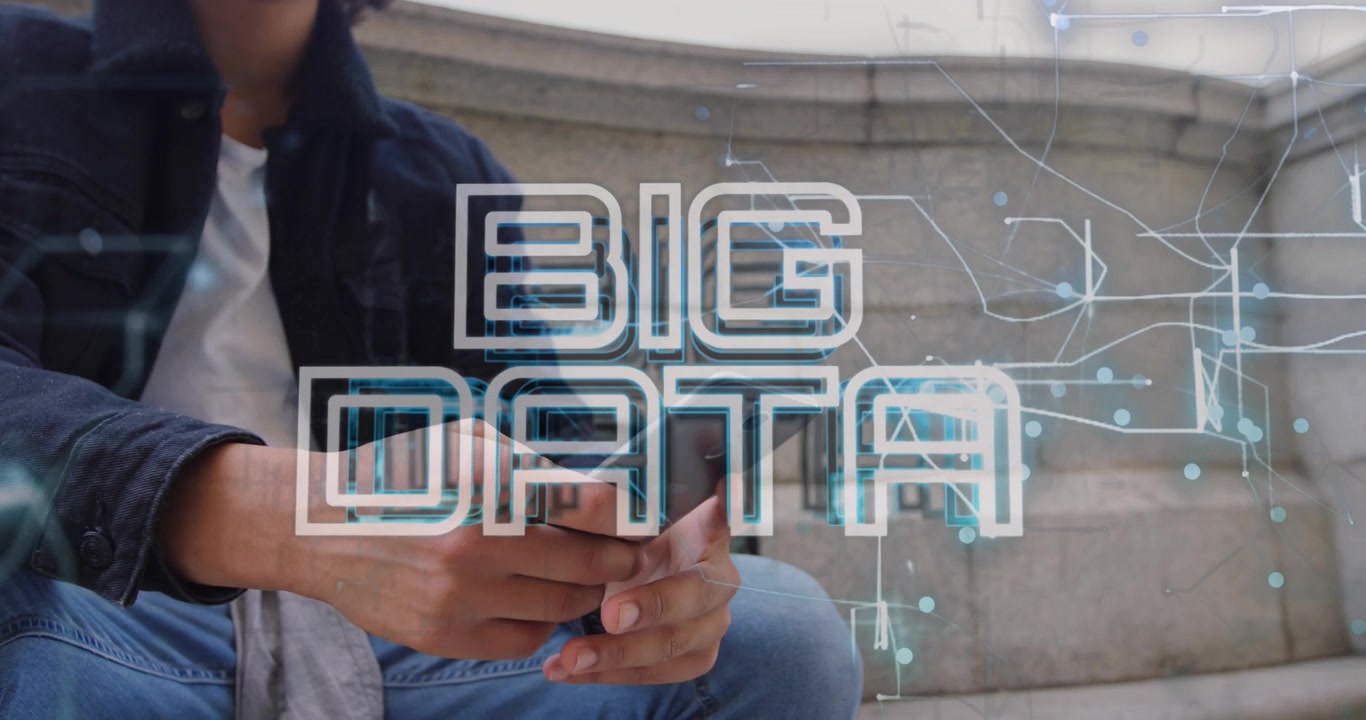 Animation of big data text banner over man using smartphone sitting on the stairs