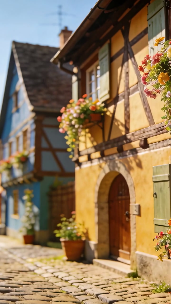 Vertical video: Starting push, camera moving toward yellow house for front focus and flower detail