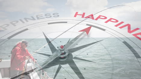 compass pointing to happiness animation over man fishing on boat in ocean