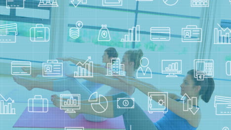 animación de iconos informáticos que se mueven sobre diversas mujeres que practican yoga en el estudio