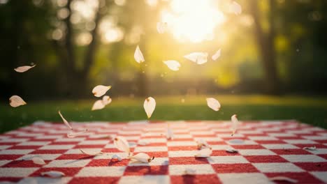 a serene picnic scene captured at sunset, featuring floating flower petals above a red and white checkered blanket in a tranquil outdoor setting