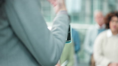 Presentation,-graphs-and-woman-on-tablet