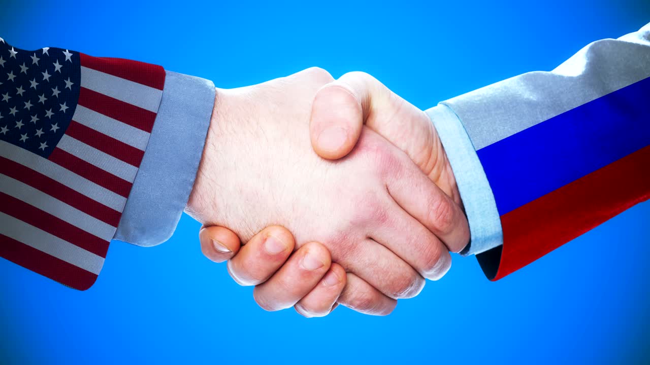 United States - Russia / Handshake concept animation about countries and politics / With matte channel