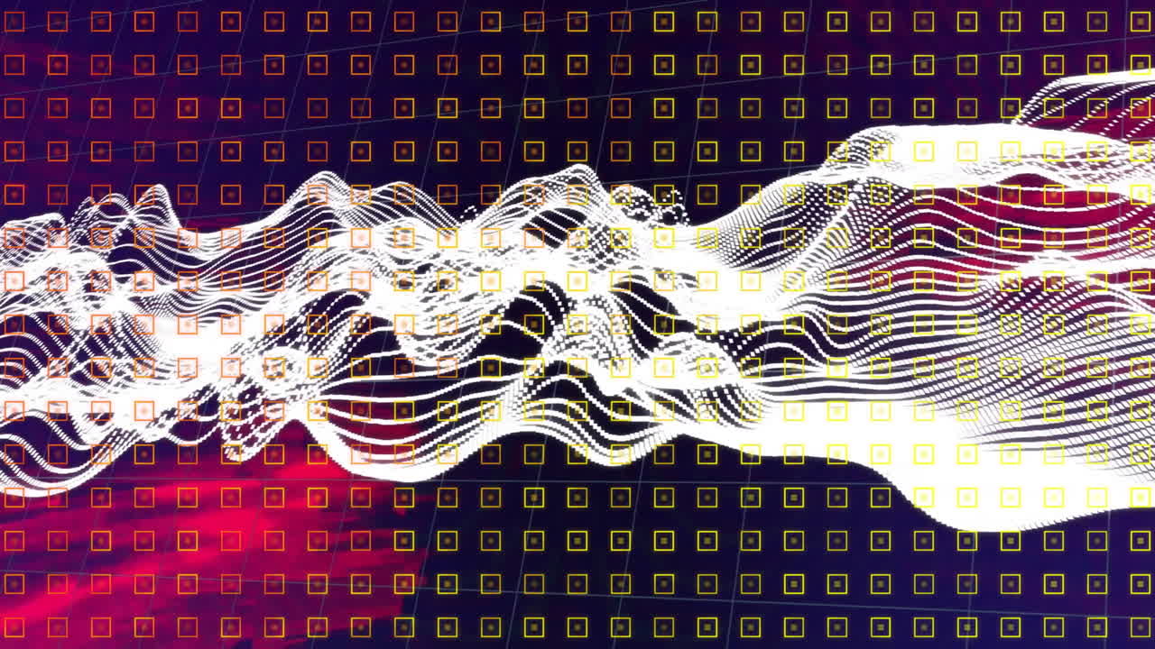 Animation of mesh and neon glowing light spots pattern moving over black background