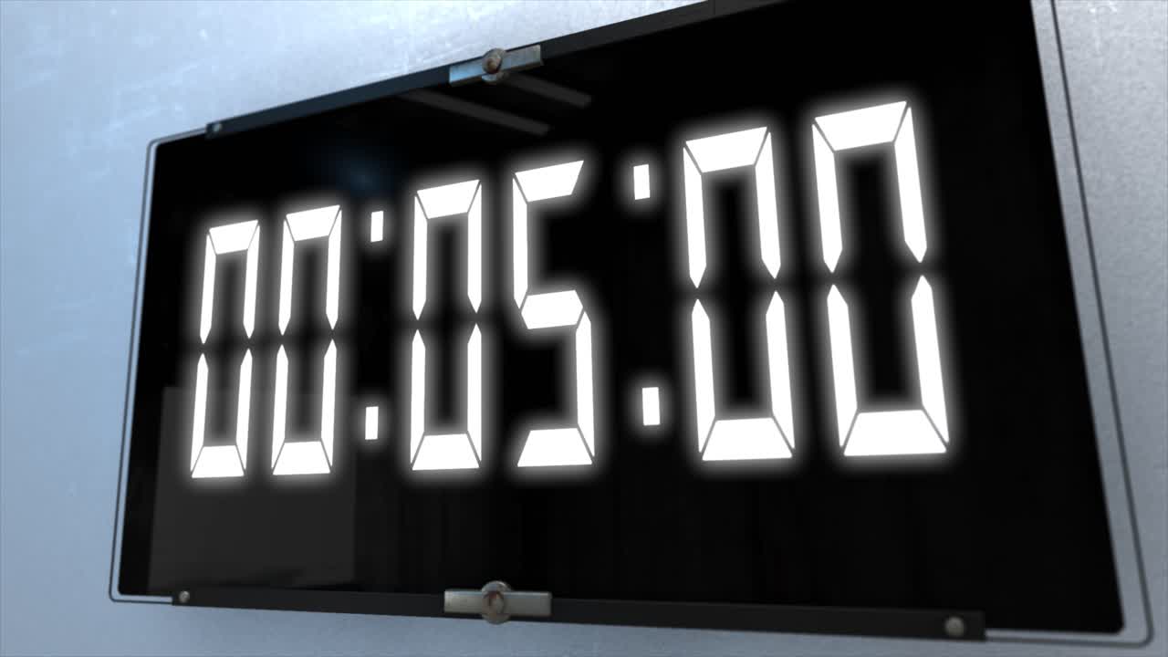 High quality CGI render of a digital countdown timer on a wall-mounted screen on a white wall, with glowing white numbers, counting down from 10 to zero, with dramatic right to left camera move