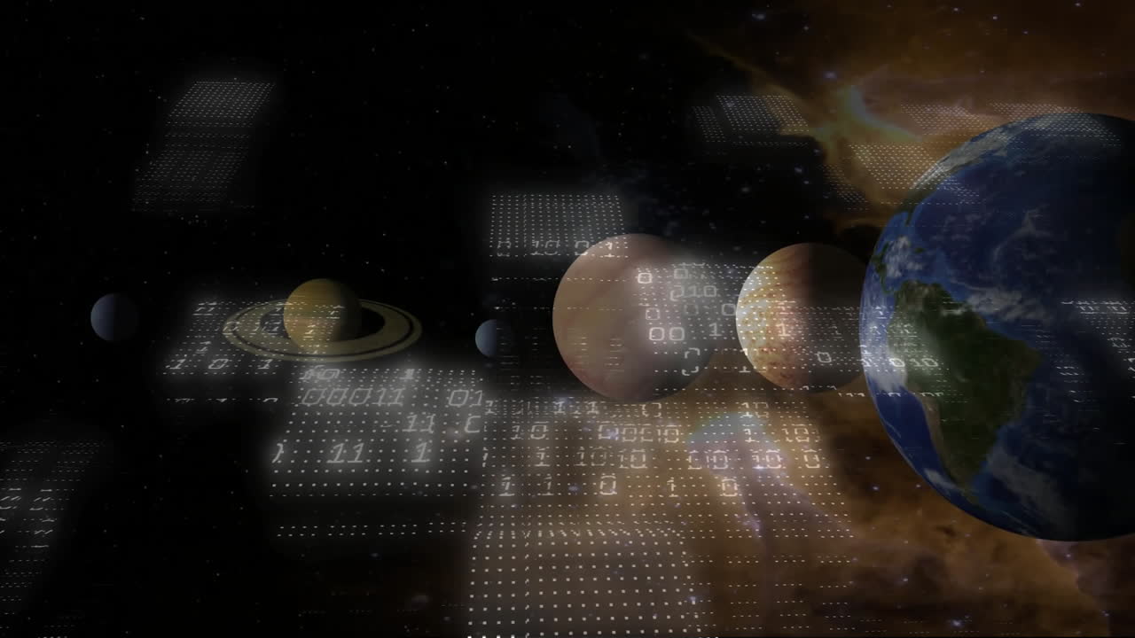 Planets aligned with digital data processing animation over cosmic background