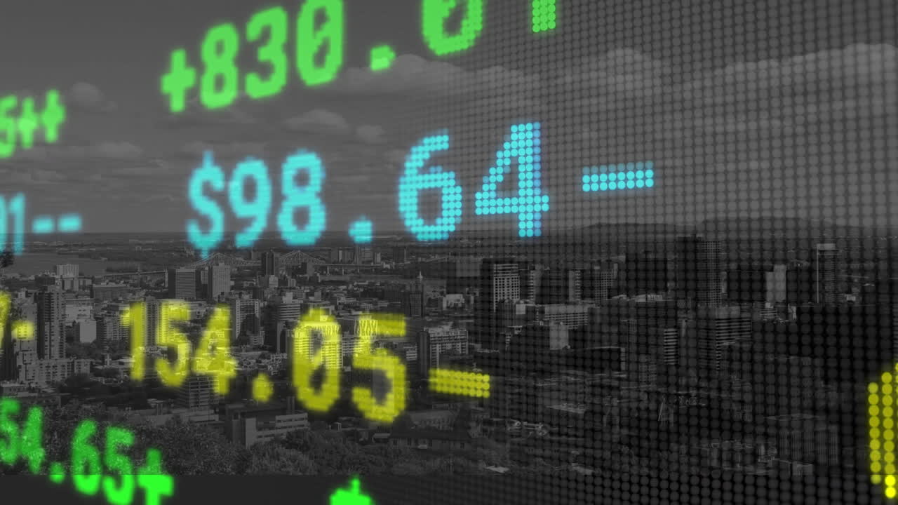 Animasjon av finansiell databehandling over et moderne bylandskap