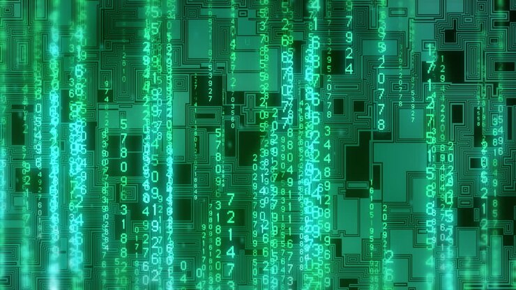 Animation of digital data processing and binary coding on black background