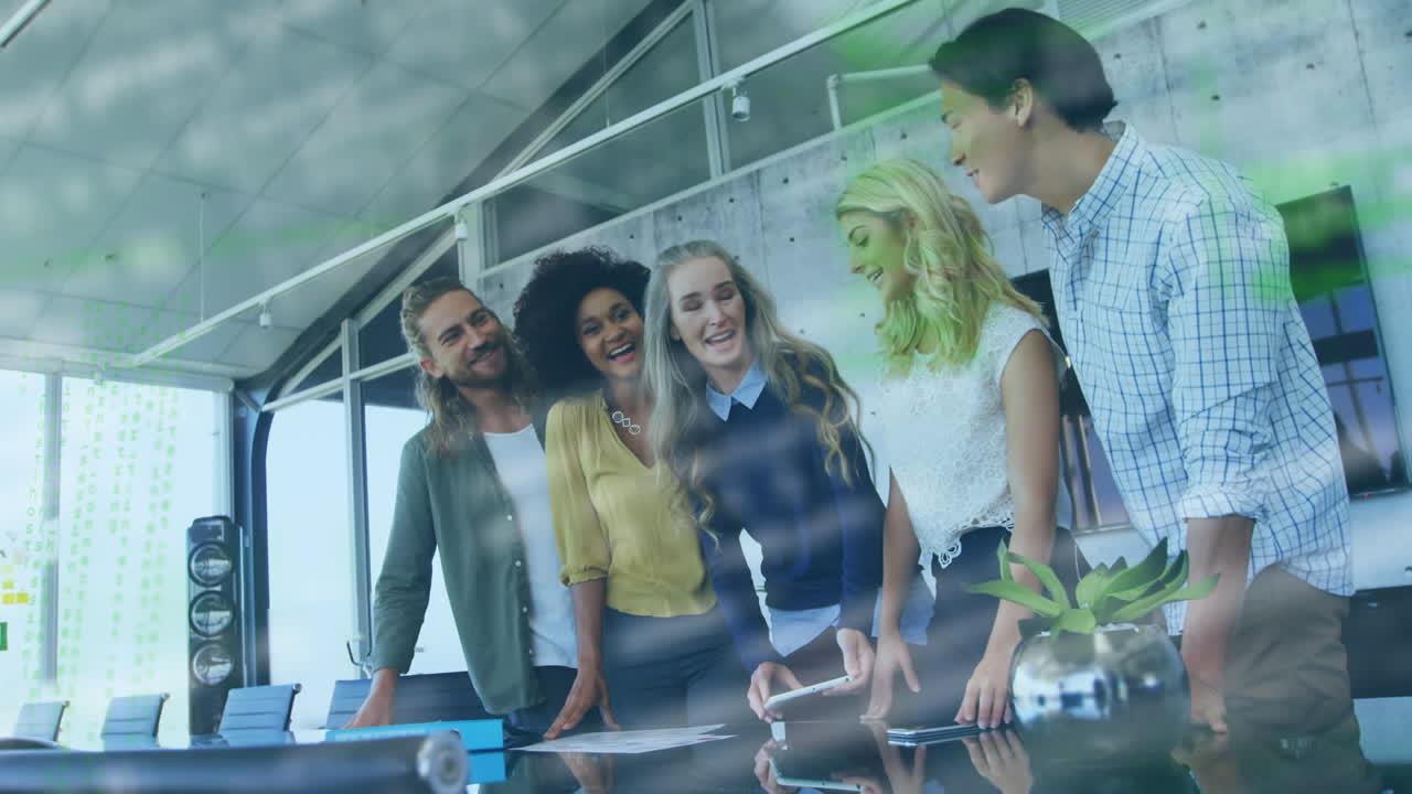 Animation of financial data processing over diverse business people