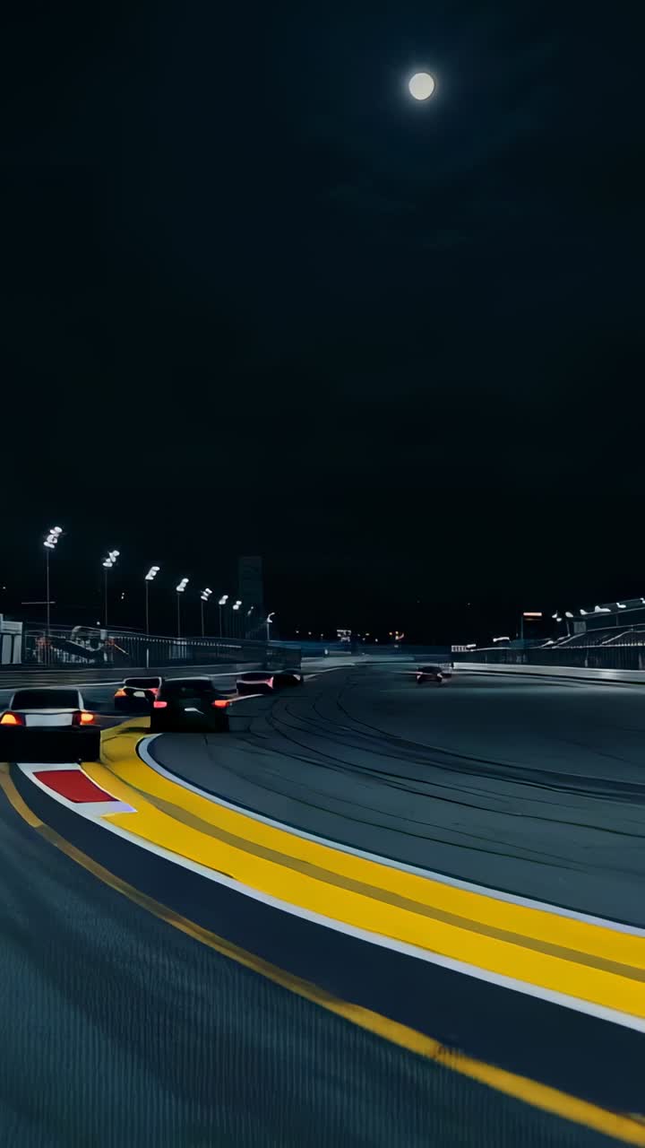 Vertical video: Drifting five-car pack through night track curve under floodlights after pause