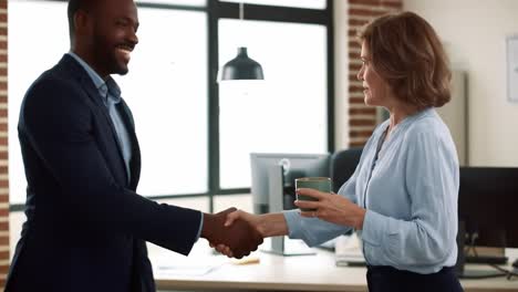 two professionals engage in a friendly handshake, discussing ideas in a modern office. the atmosphere is productive, showcasing teamwork and collaboration.