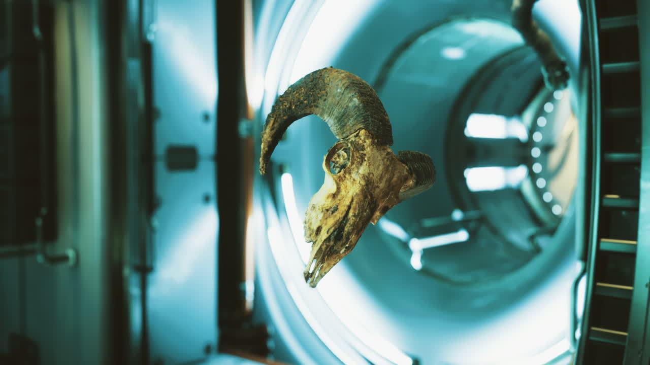 Unique ram skull displayed in a futuristic setting with glowing blue lighting