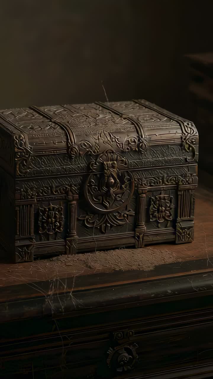 Vertical video: Glowing seam leaking light, ornate chest lifting lid on dusty dresser key swinging