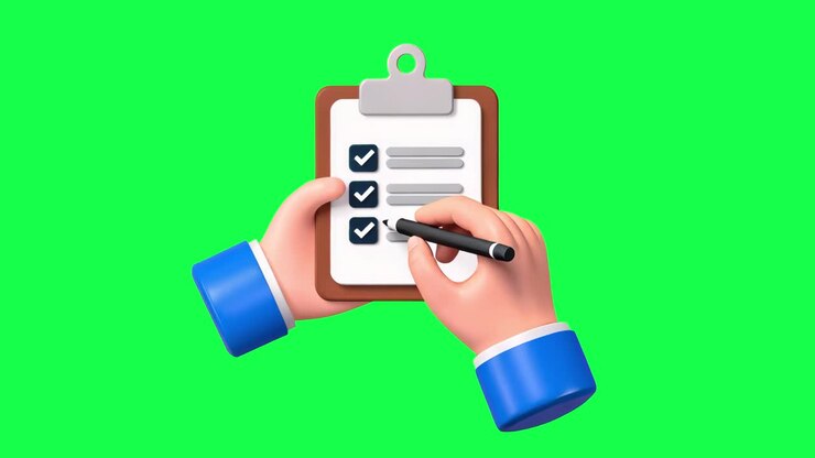 Checklist completion hands clipboard animation, transparent 4K video, green screen