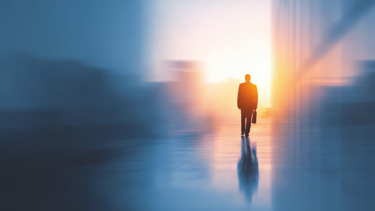 A solitary figure walks towards the horizon, engulfed in the warm glow of sunset, symbolizing ambition, hope, and the journey into the unknown amidst a blurred background