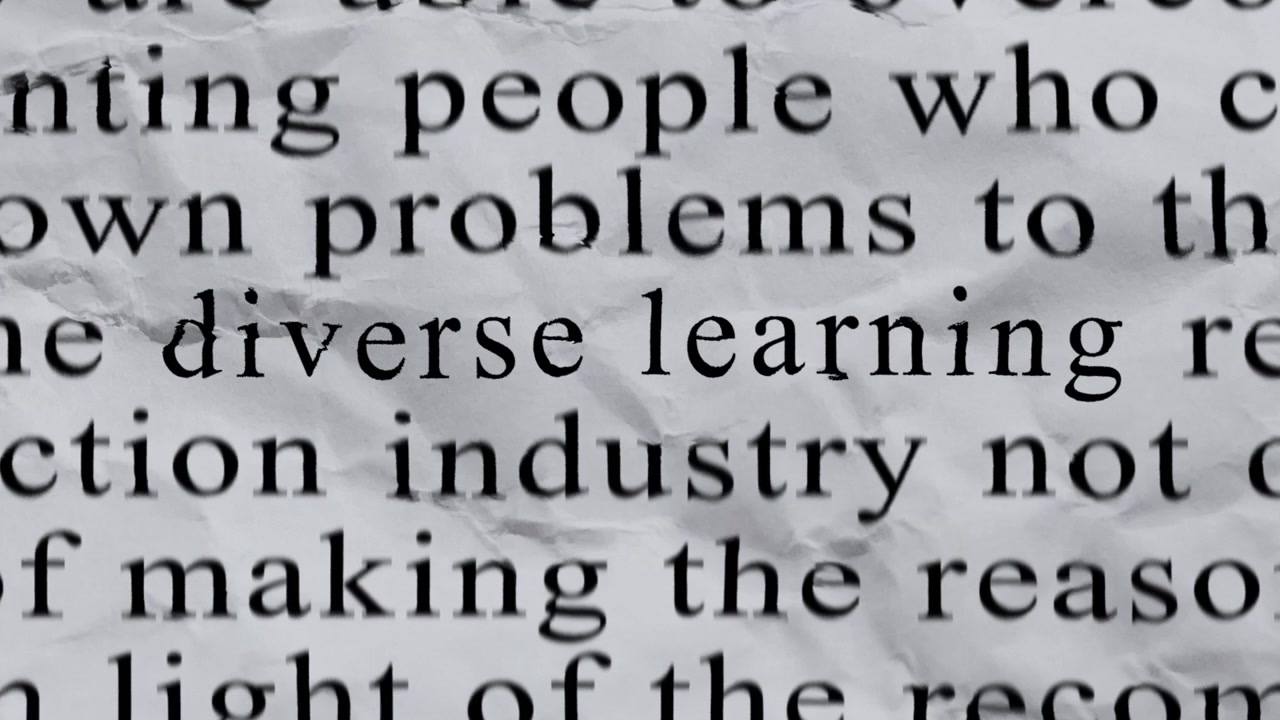 DIVERSE LEARNING Text in Centre with High-energy Fast Text Stop-Motion Writing Cycling Rapidly on Crinkled Texture Paper. Newspaper Cuttings Style animation. 4K.