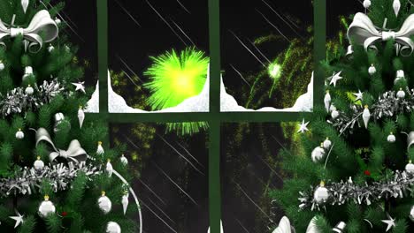 Animation-of-window-with-snow,-christmas-trees-and-green-fireworks-exploding-in-night-sky