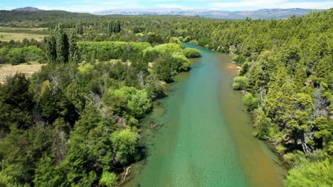 lake cholila, patagonia, argentina, aerial forward flyover wide shot