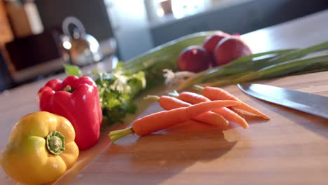 organic vegetables and knife on countertop in sunny kitchen, slow motion