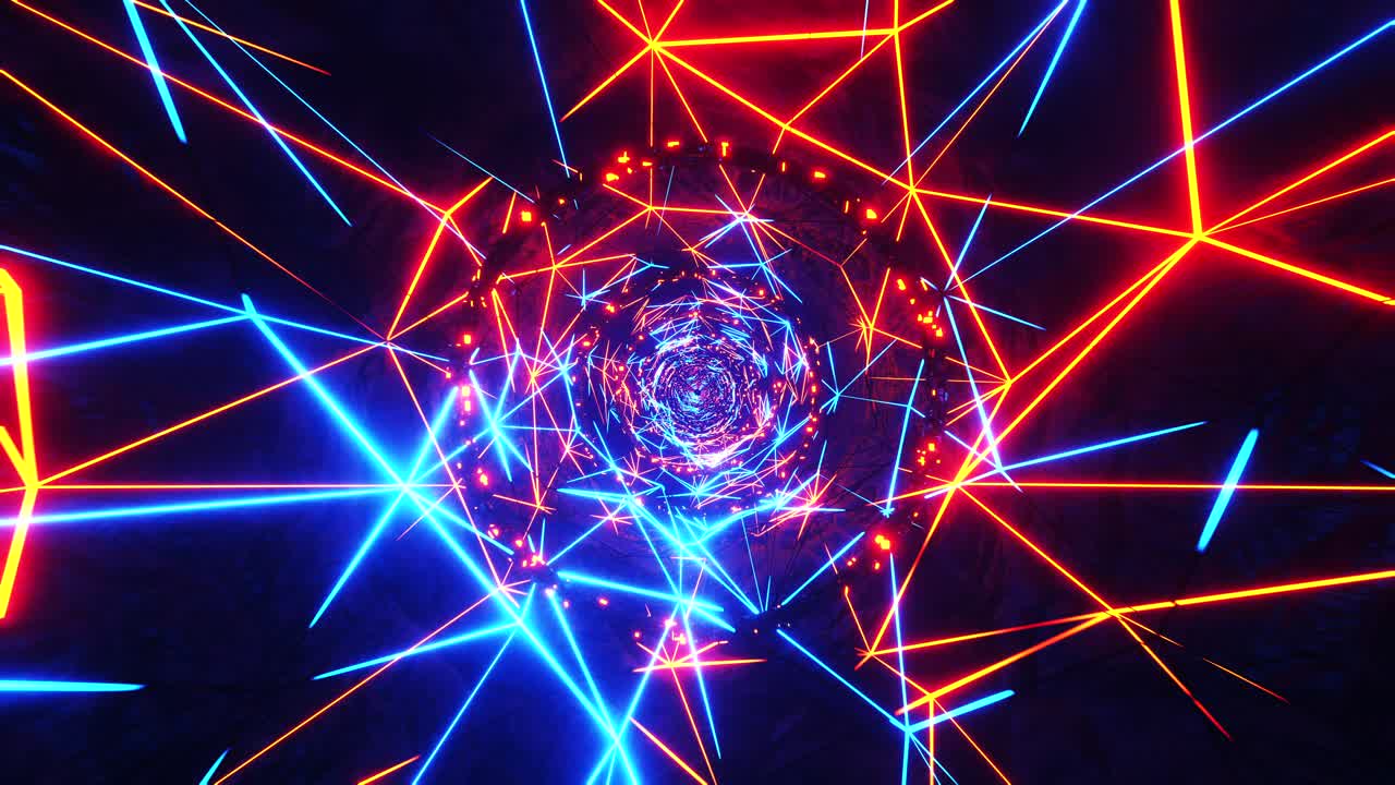 volando a través de un túnel de neón con anillos. animación en bucle infinito