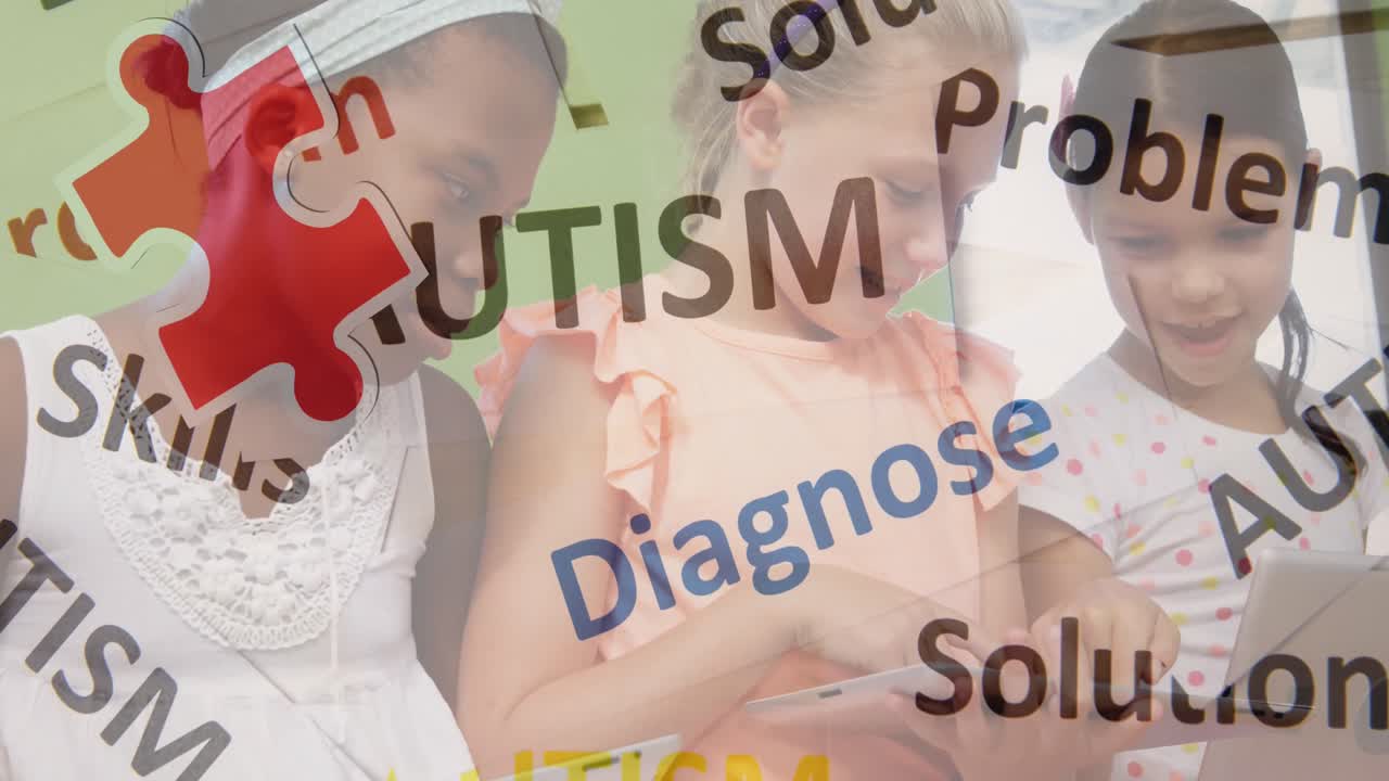 다양한 소녀들이 대화하는 오티즘 텍스트와 다채로운 퍼즐 조각의 애니메이션