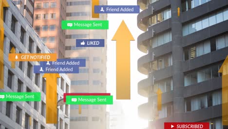 animation of falling social media icons and arrows over cityscape