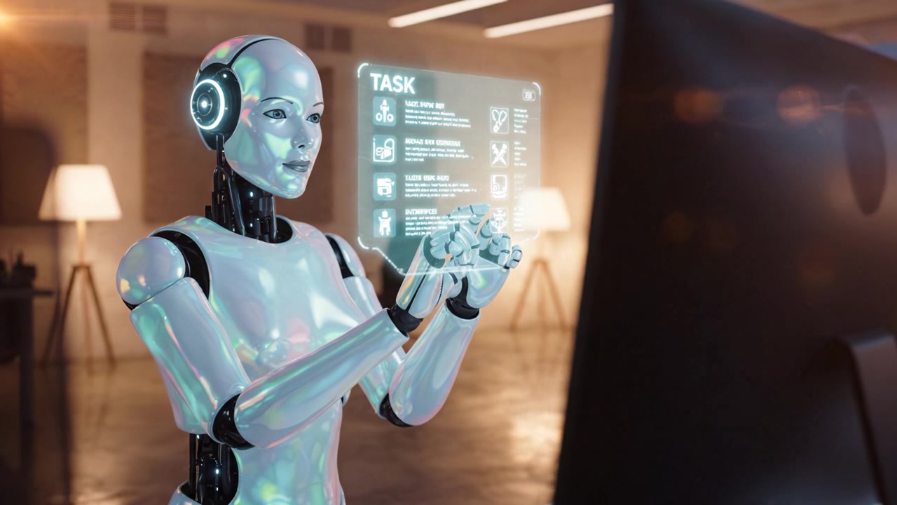 Un robot futuristico con un computer che visualizza le attività in un ambiente d'ufficio moderno, che mostra tecnologia AI avanzata in un contesto elegante.